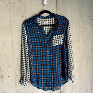 Sheer Gingham Plaid Long Sleeve Button Up Blouse